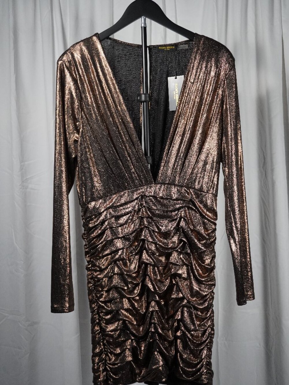 Ramy Brook Willow Dress Bronze Metallic Ruched Mini Dress Long Sleeve